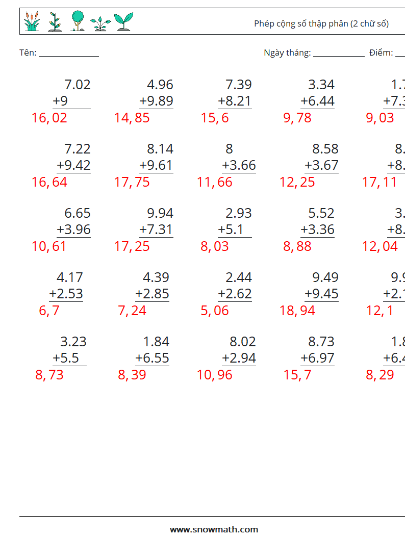 (25) Phép cộng số thập phân (2 chữ số) Bảng tính toán học 16 Câu hỏi, câu trả lời