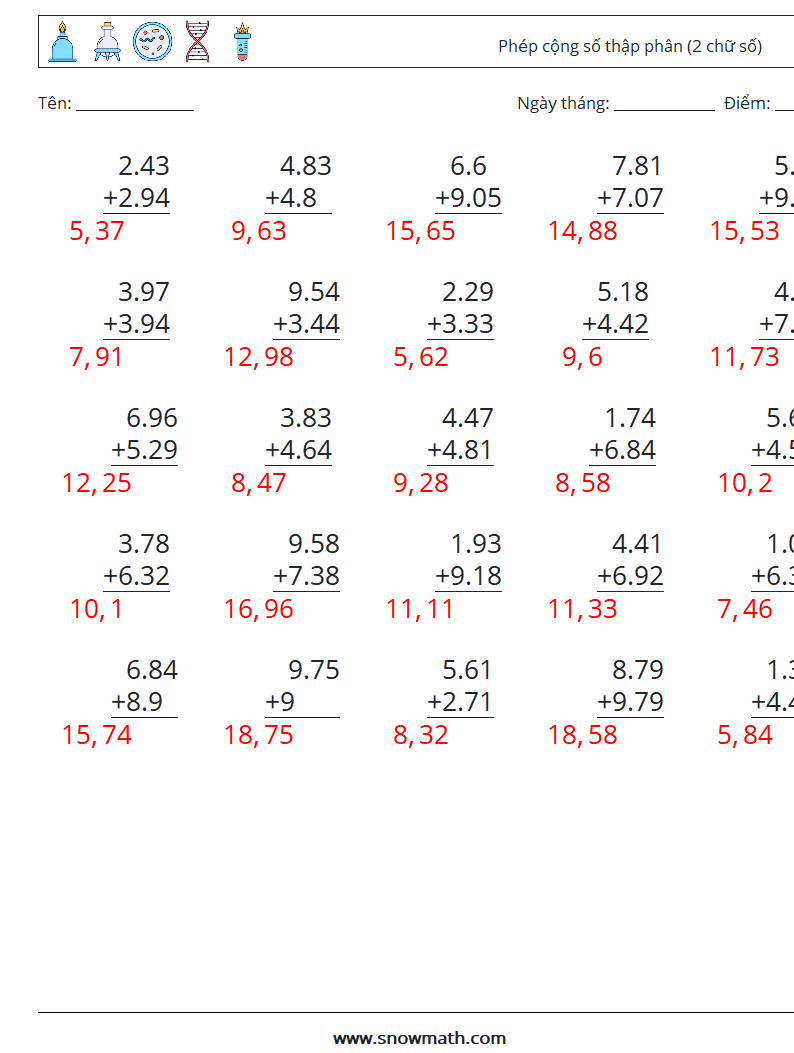 (25) Phép cộng số thập phân (2 chữ số) Bảng tính toán học 17 Câu hỏi, câu trả lời