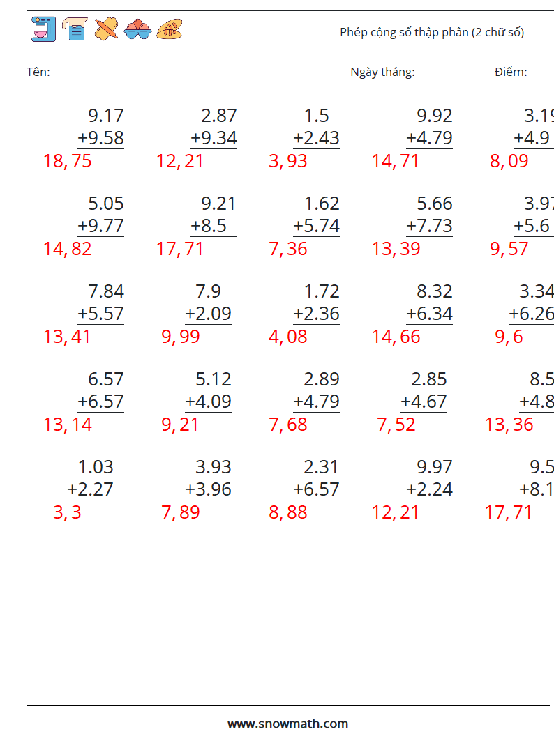 (25) Phép cộng số thập phân (2 chữ số) Bảng tính toán học 18 Câu hỏi, câu trả lời