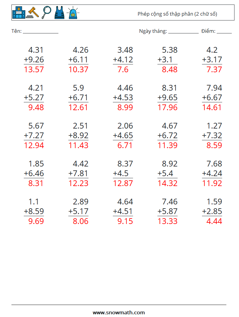 (25) Phép cộng số thập phân (2 chữ số) Bảng tính toán học 2 Câu hỏi, câu trả lời