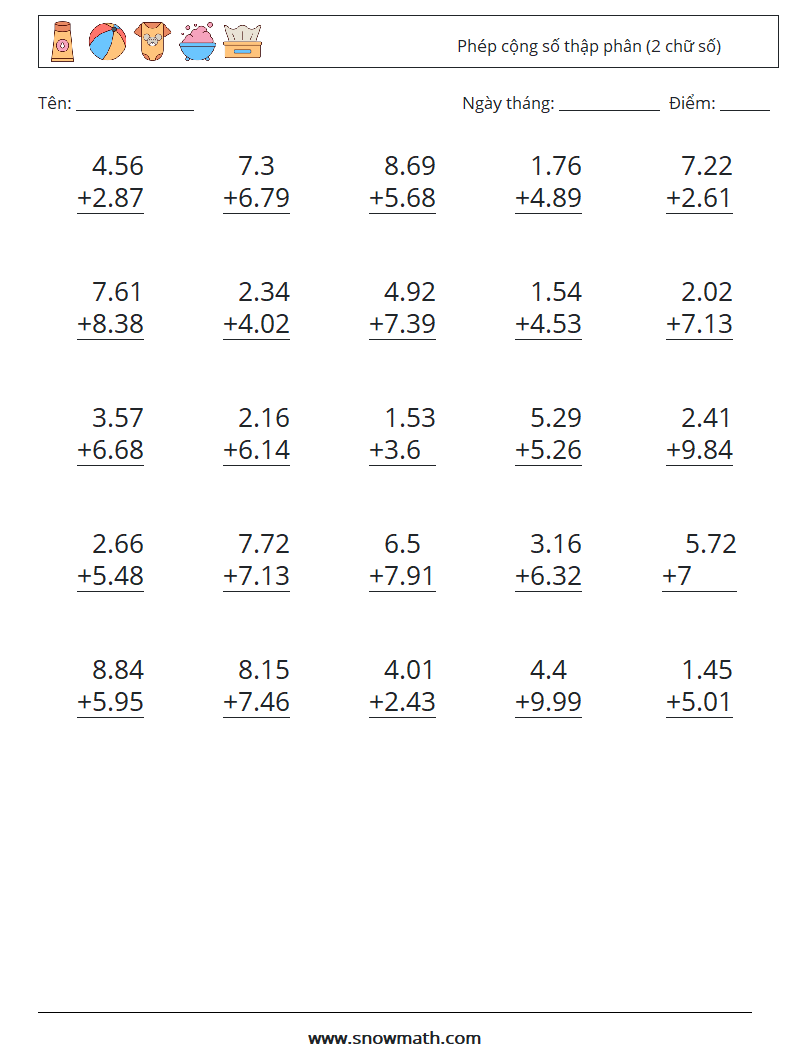 (25) Phép cộng số thập phân (2 chữ số) Bảng tính toán học 5