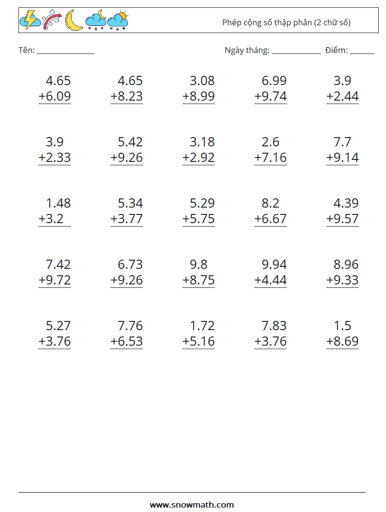 (25) Phép cộng số thập phân (2 chữ số) Bảng tính toán học 9
