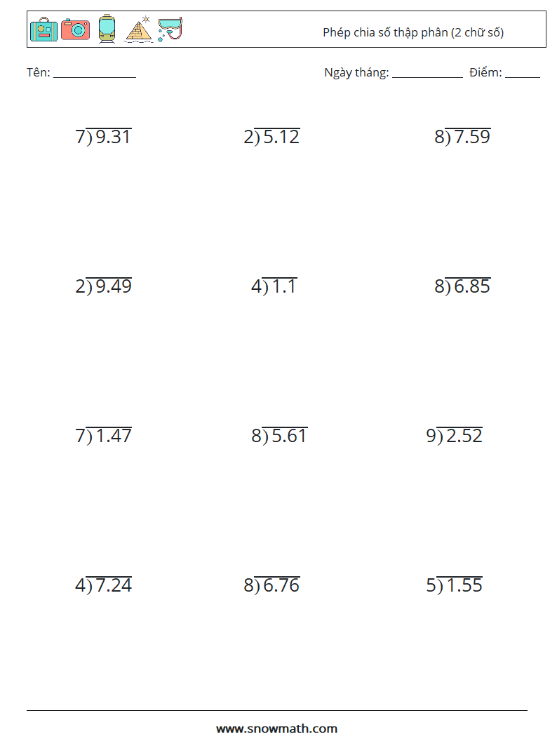 (12) Phép chia số thập phân (2 chữ số) Bảng tính toán học 11