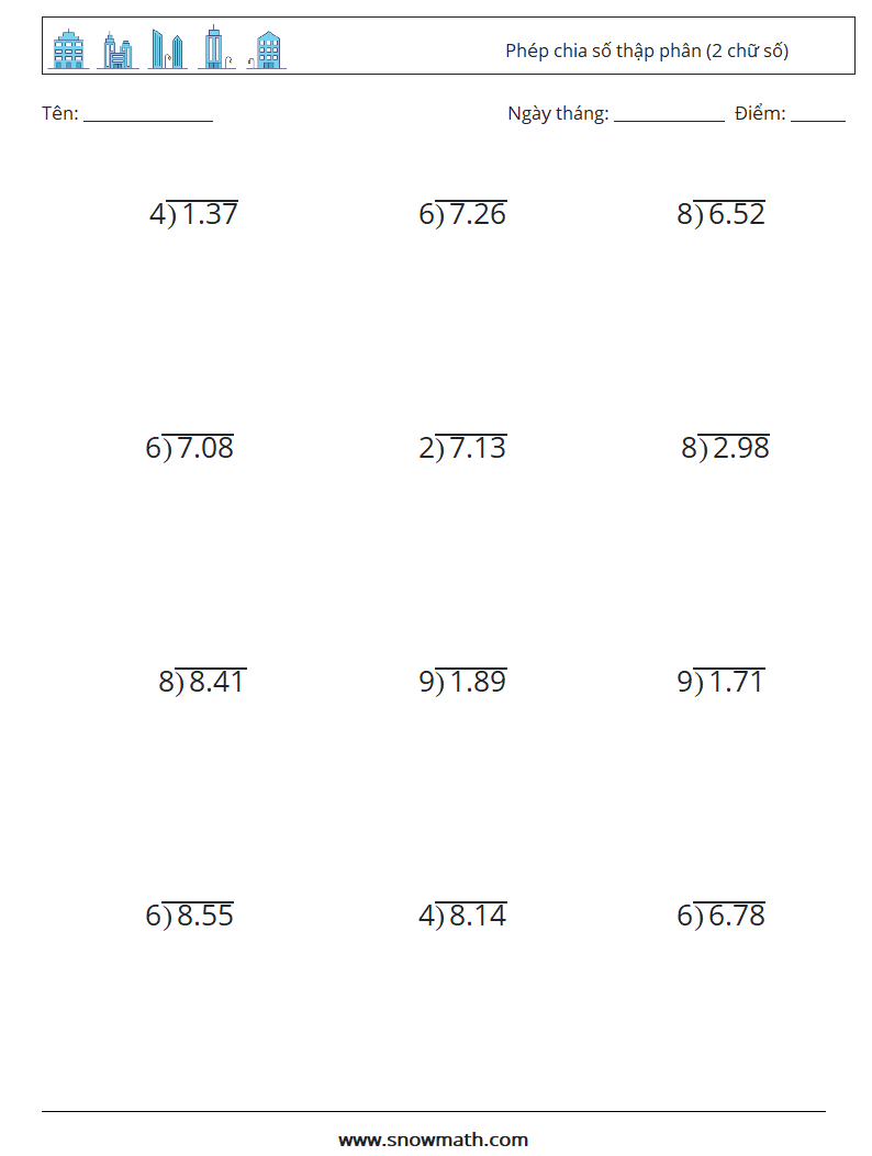 (12) Phép chia số thập phân (2 chữ số) Bảng tính toán học 12