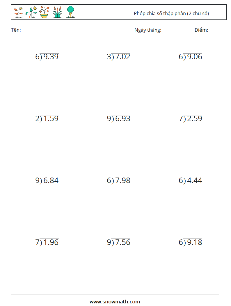 (12) Phép chia số thập phân (2 chữ số) Bảng tính toán học 5