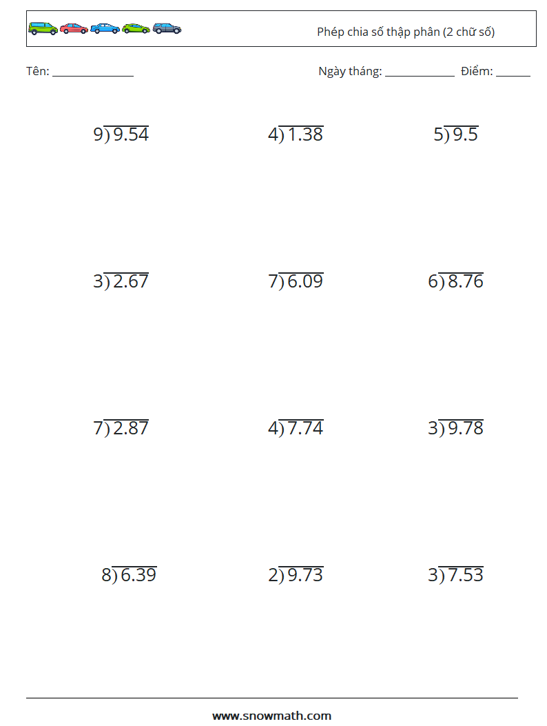 (12) Phép chia số thập phân (2 chữ số) Bảng tính toán học 7