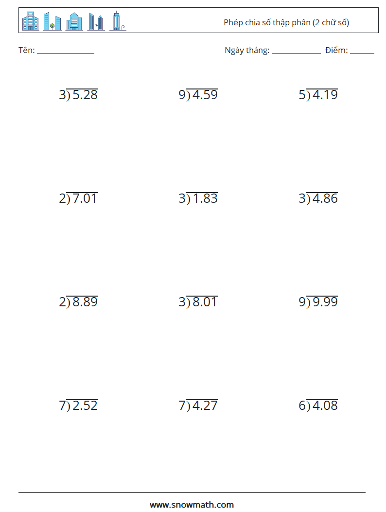 (12) Phép chia số thập phân (2 chữ số) Bảng tính toán học 8
