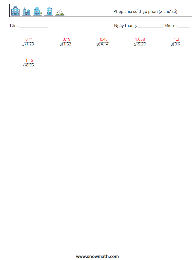 (25) Phép chia số thập phân (2 chữ số) Bảng tính toán học 7 Câu hỏi, câu trả lời