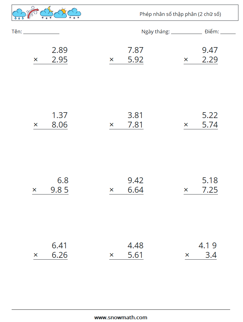 (12) Phép nhân số thập phân (2 chữ số) Bảng tính toán học 11