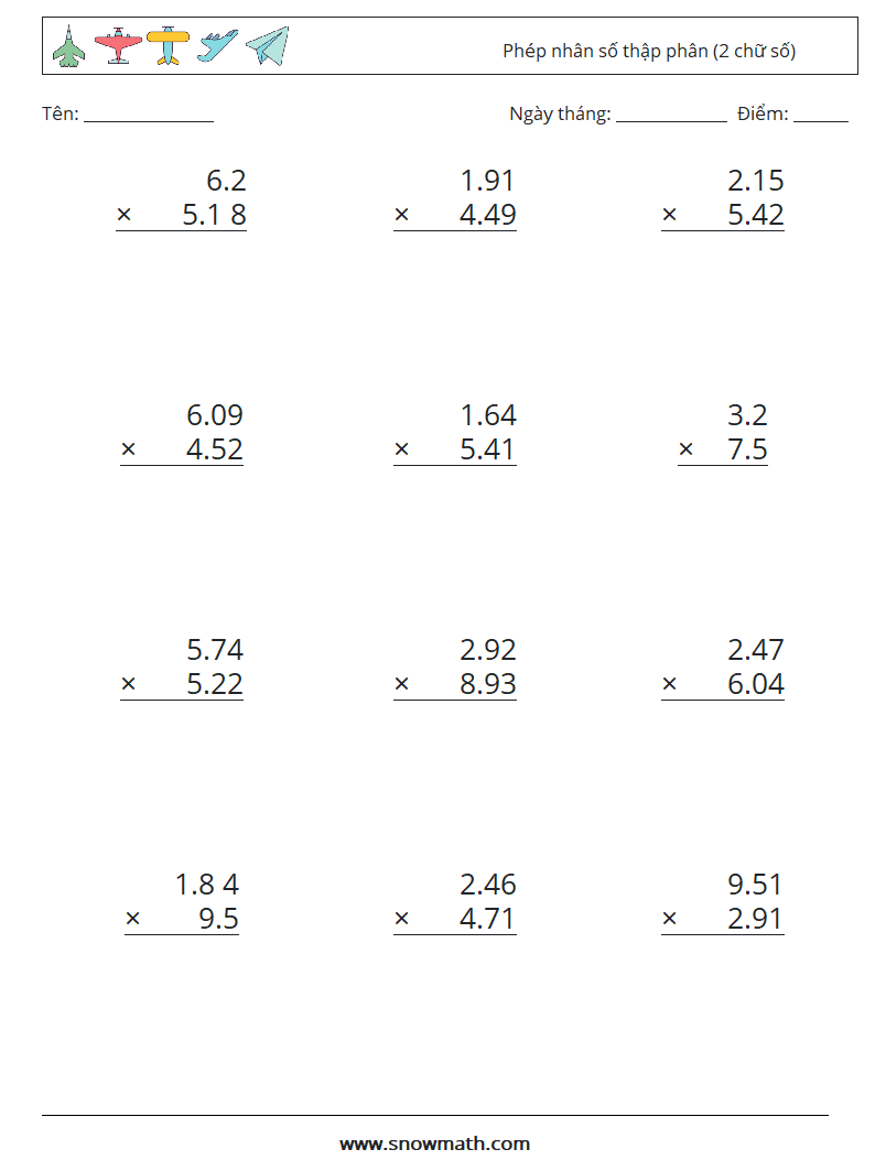 (12) Phép nhân số thập phân (2 chữ số) Bảng tính toán học 12