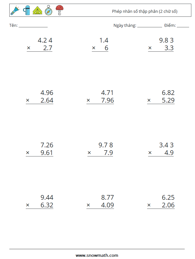 (12) Phép nhân số thập phân (2 chữ số) Bảng tính toán học 14