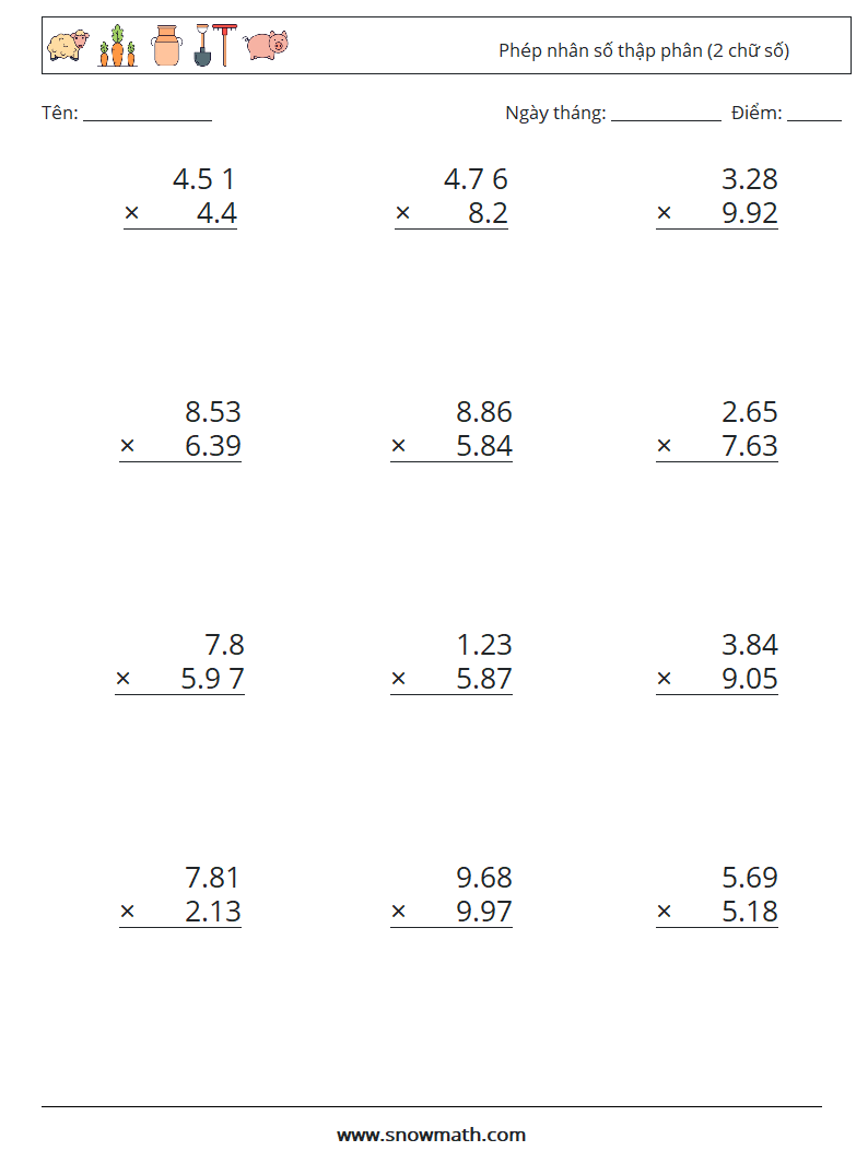(12) Phép nhân số thập phân (2 chữ số) Bảng tính toán học 16