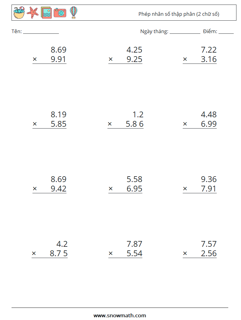 (12) Phép nhân số thập phân (2 chữ số) Bảng tính toán học 18