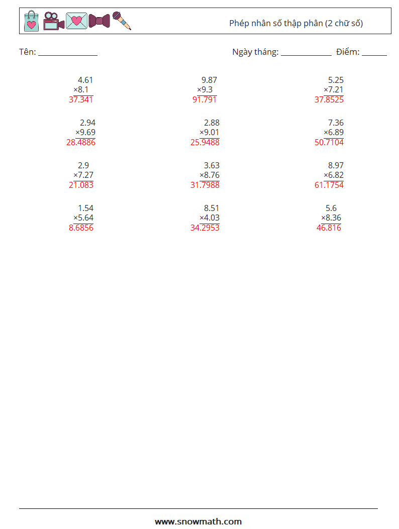 (12) Phép nhân số thập phân (2 chữ số) Bảng tính toán học 2 Câu hỏi, câu trả lời