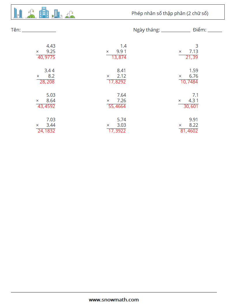 (12) Phép nhân số thập phân (2 chữ số) Bảng tính toán học 3 Câu hỏi, câu trả lời