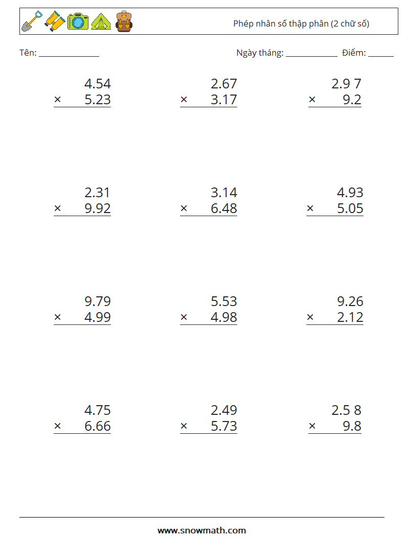 (12) Phép nhân số thập phân (2 chữ số) Bảng tính toán học 4