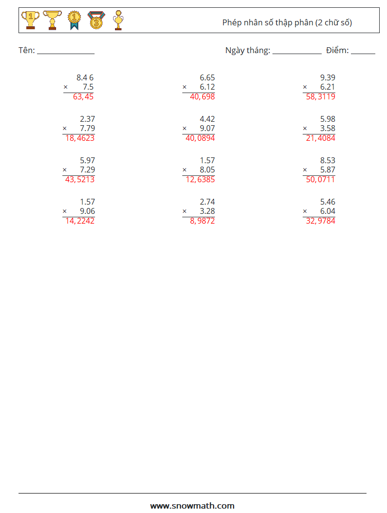 (12) Phép nhân số thập phân (2 chữ số) Bảng tính toán học 7 Câu hỏi, câu trả lời