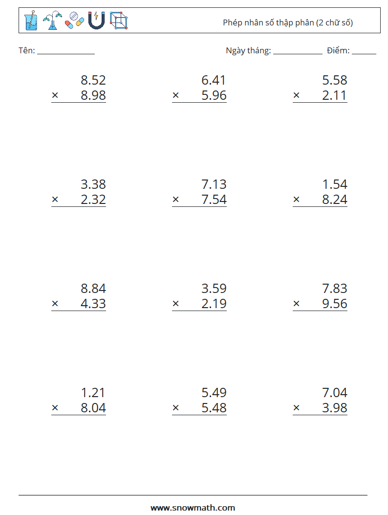 (12) Phép nhân số thập phân (2 chữ số) Bảng tính toán học 8