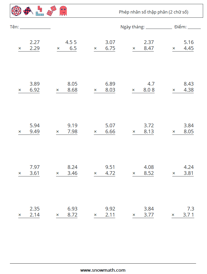 (25) Phép nhân số thập phân (2 chữ số) Bảng tính toán học 17