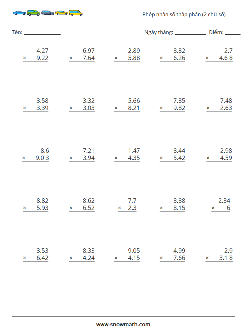 (25) Phép nhân số thập phân (2 chữ số) Bảng tính toán học 6