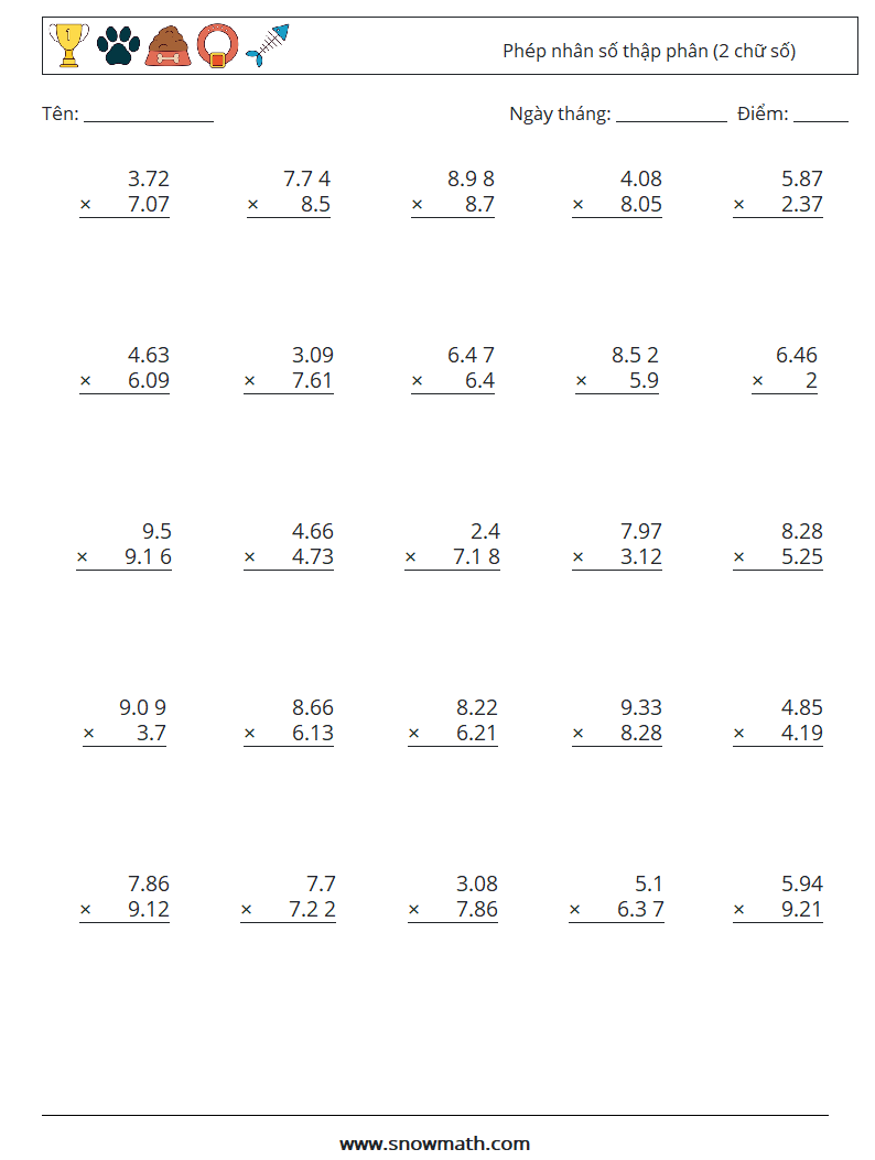 (25) Phép nhân số thập phân (2 chữ số) Bảng tính toán học 8