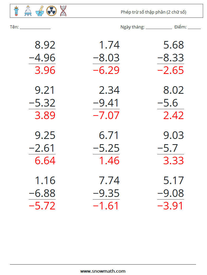 (12) Phép trừ số thập phân (2 chữ số) Bảng tính toán học 10 Câu hỏi, câu trả lời