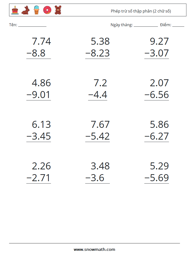(12) Phép trừ số thập phân (2 chữ số) Bảng tính toán học 11