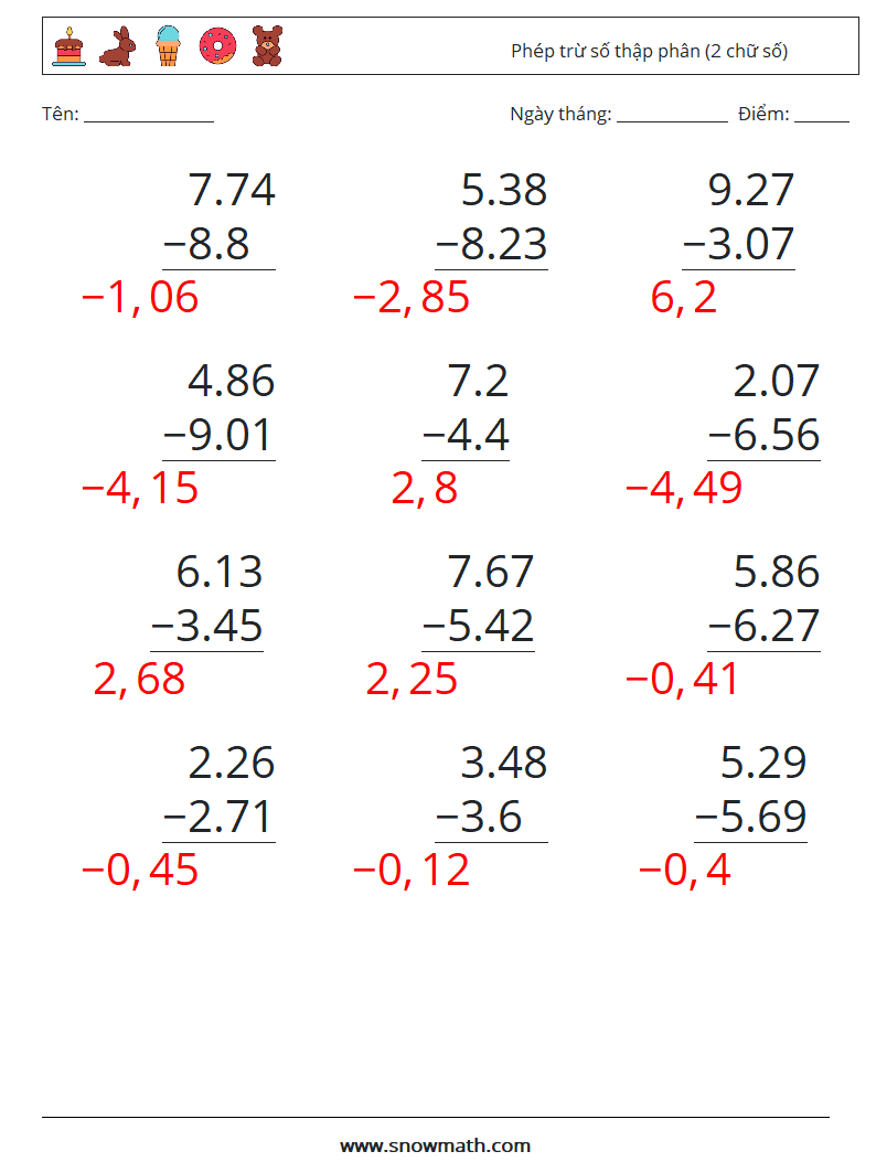 (12) Phép trừ số thập phân (2 chữ số) Bảng tính toán học 11 Câu hỏi, câu trả lời