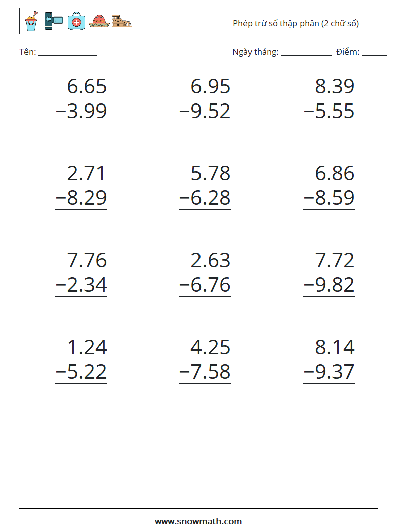 (12) Phép trừ số thập phân (2 chữ số) Bảng tính toán học 13