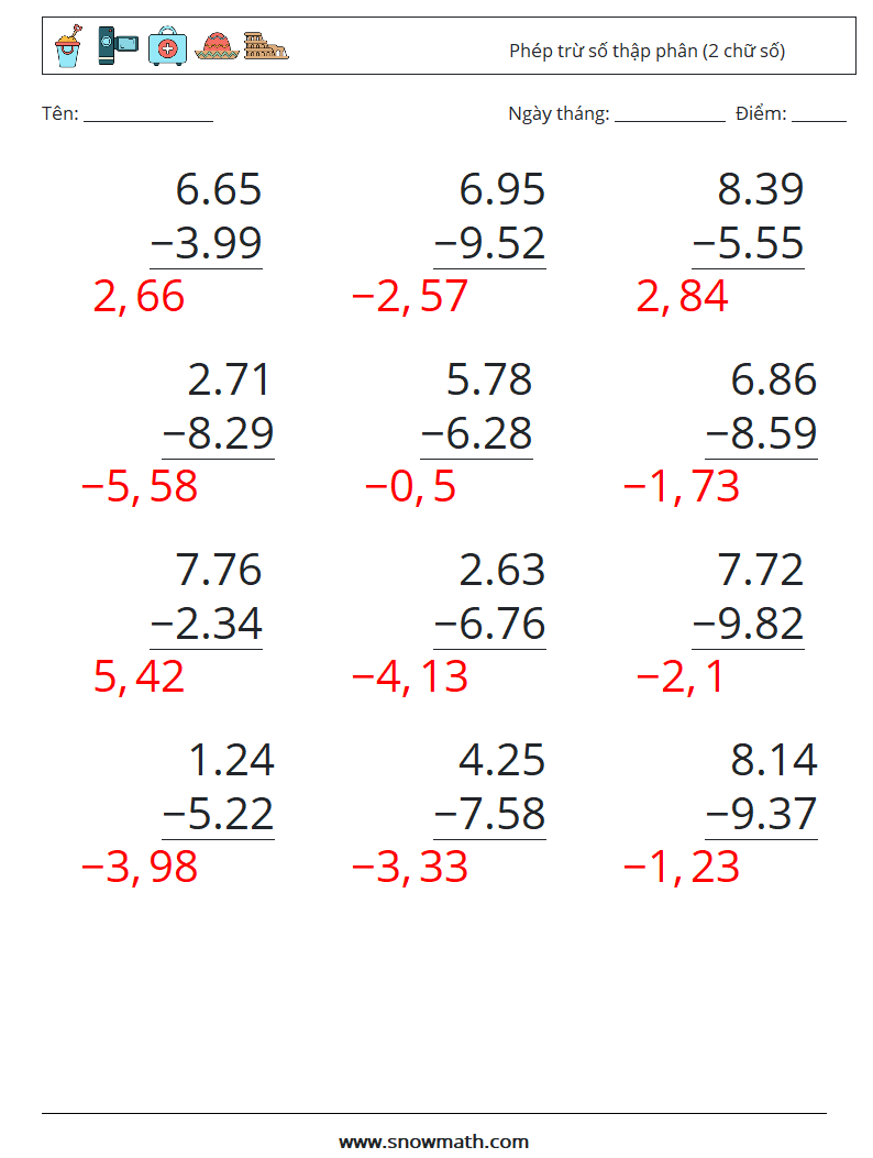 (12) Phép trừ số thập phân (2 chữ số) Bảng tính toán học 13 Câu hỏi, câu trả lời