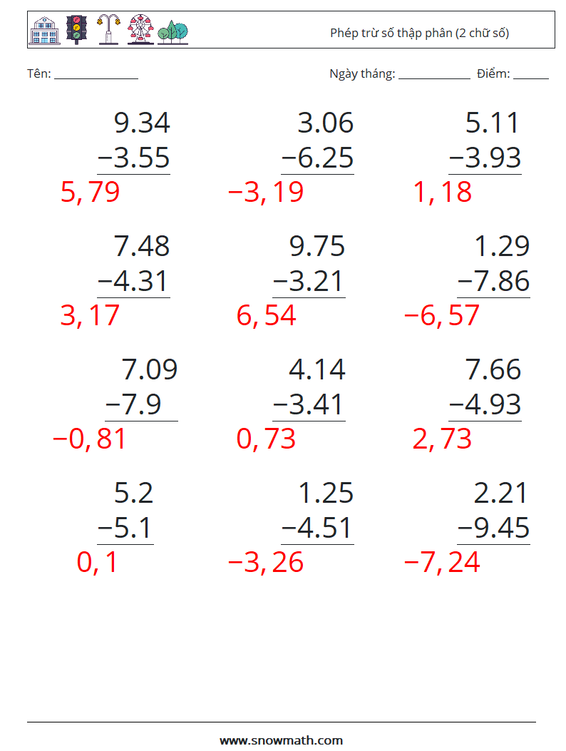 (12) Phép trừ số thập phân (2 chữ số) Bảng tính toán học 14 Câu hỏi, câu trả lời