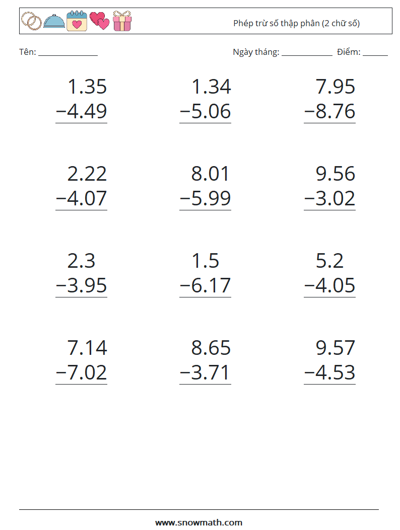 (12) Phép trừ số thập phân (2 chữ số) Bảng tính toán học 16