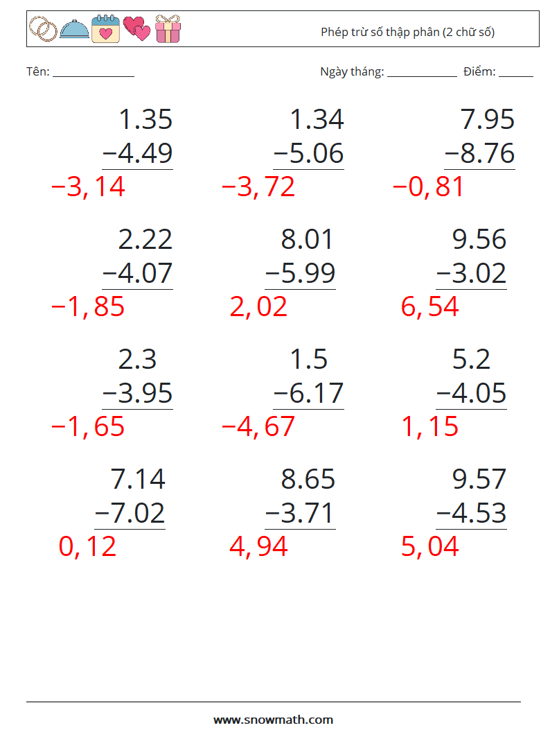 (12) Phép trừ số thập phân (2 chữ số) Bảng tính toán học 16 Câu hỏi, câu trả lời