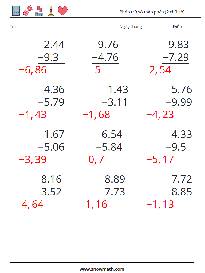 (12) Phép trừ số thập phân (2 chữ số) Bảng tính toán học 18 Câu hỏi, câu trả lời