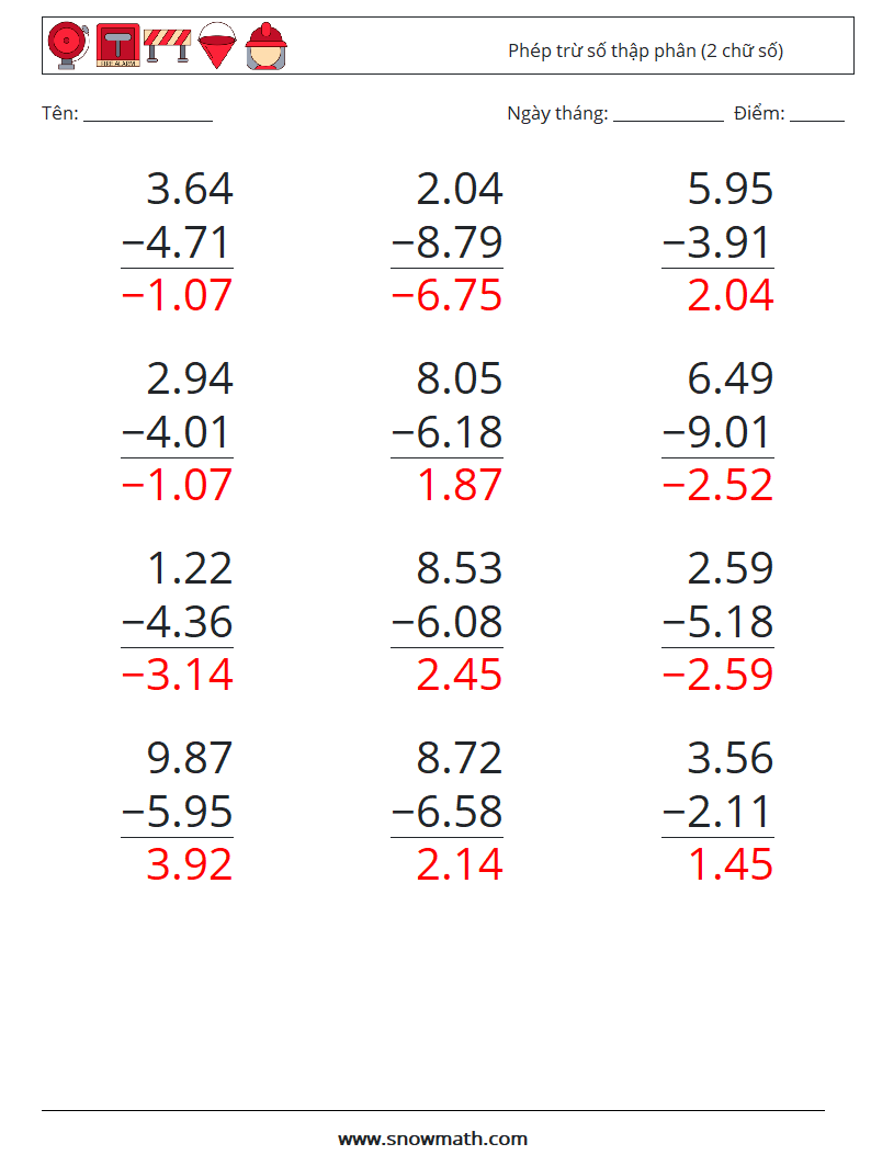 (12) Phép trừ số thập phân (2 chữ số) Bảng tính toán học 2 Câu hỏi, câu trả lời