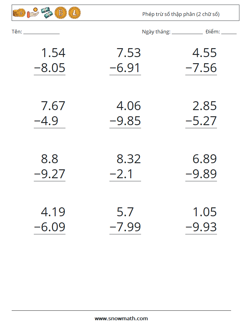 (12) Phép trừ số thập phân (2 chữ số) Bảng tính toán học 3