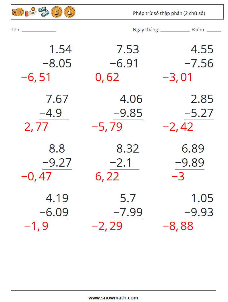 (12) Phép trừ số thập phân (2 chữ số) Bảng tính toán học 3 Câu hỏi, câu trả lời