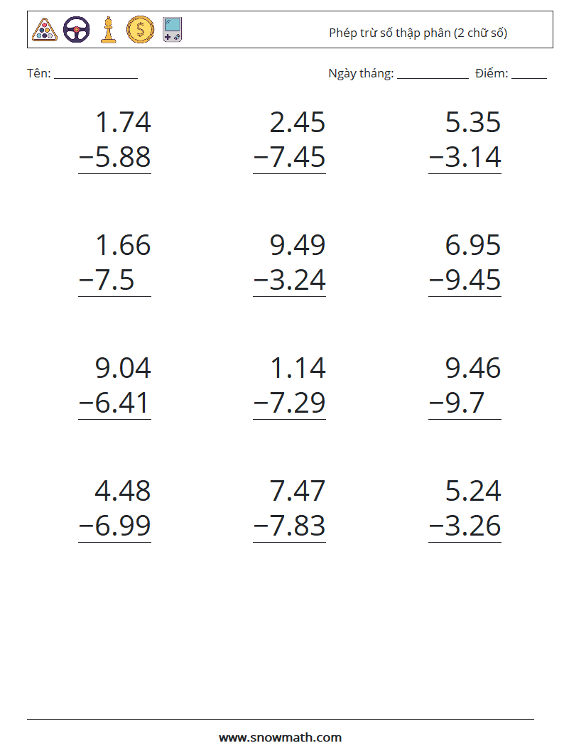 (12) Phép trừ số thập phân (2 chữ số) Bảng tính toán học 4