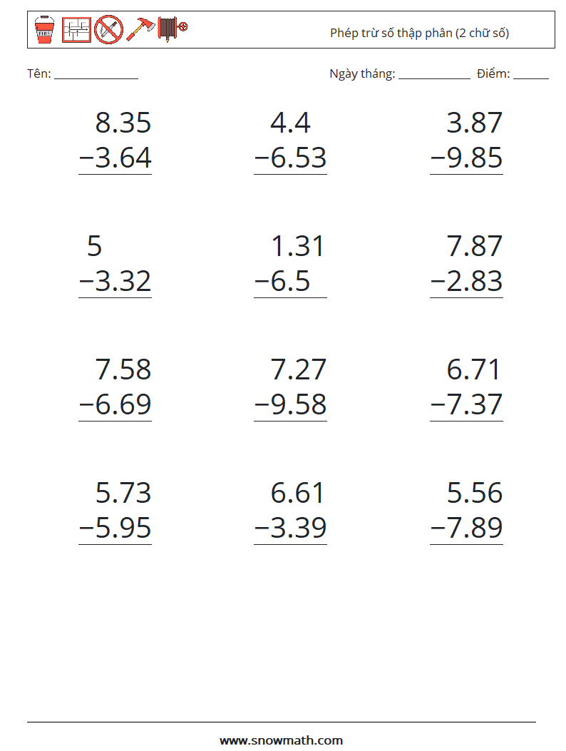 (12) Phép trừ số thập phân (2 chữ số) Bảng tính toán học 6
