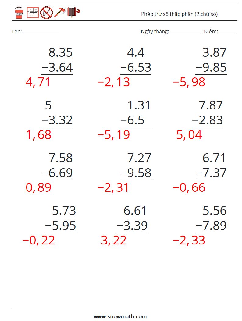 (12) Phép trừ số thập phân (2 chữ số) Bảng tính toán học 6 Câu hỏi, câu trả lời