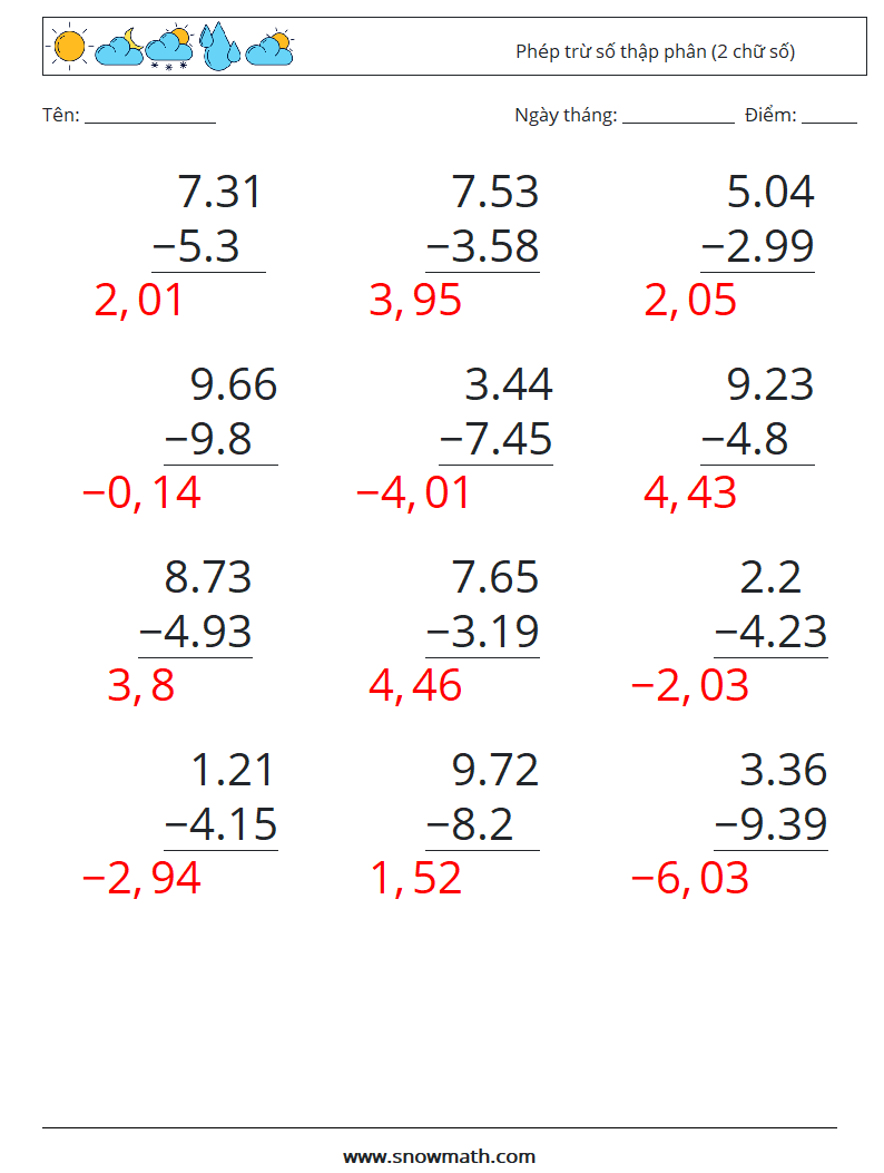 (12) Phép trừ số thập phân (2 chữ số) Bảng tính toán học 7 Câu hỏi, câu trả lời