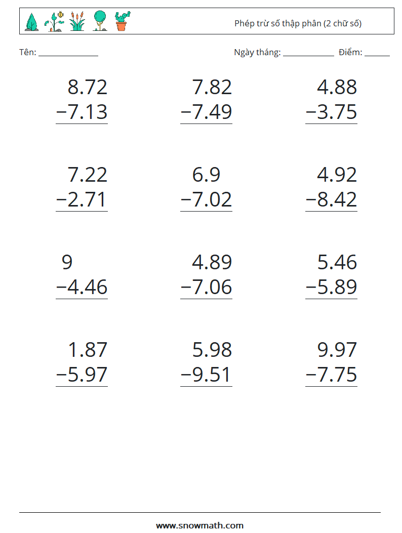 (12) Phép trừ số thập phân (2 chữ số) Bảng tính toán học 9