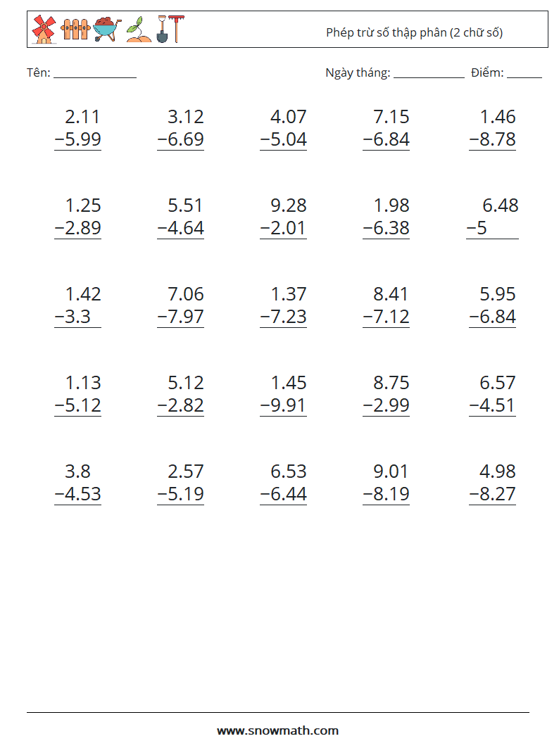 (25) Phép trừ số thập phân (2 chữ số) Bảng tính toán học 10