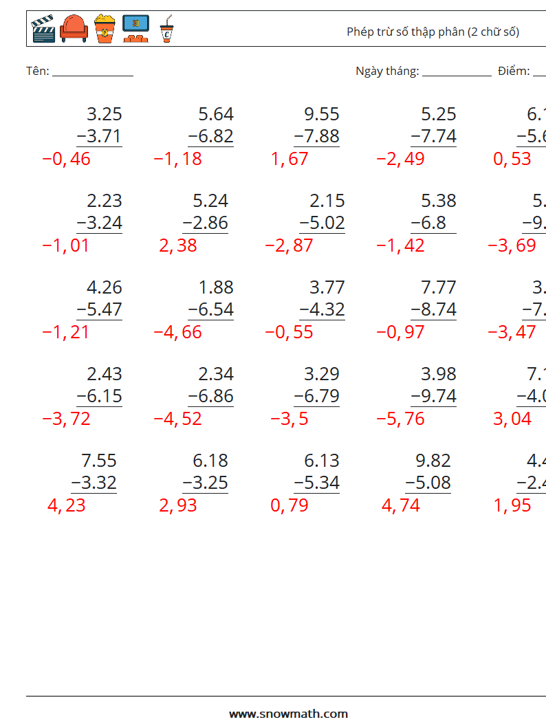 (25) Phép trừ số thập phân (2 chữ số) Bảng tính toán học 3 Câu hỏi, câu trả lời