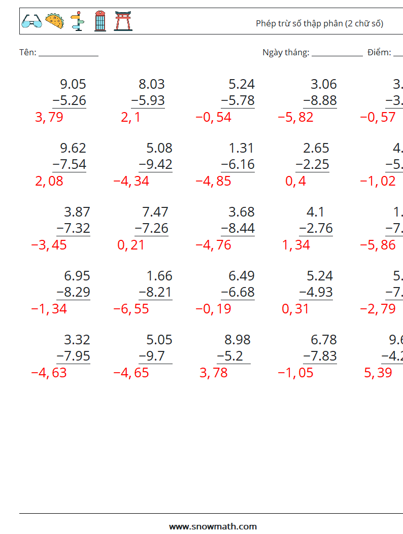 (25) Phép trừ số thập phân (2 chữ số) Bảng tính toán học 5 Câu hỏi, câu trả lời