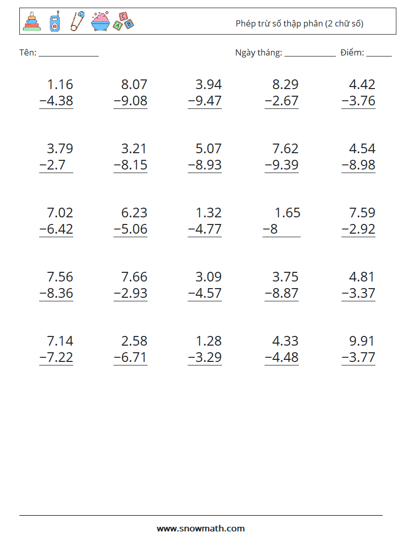 (25) Phép trừ số thập phân (2 chữ số) Bảng tính toán học 9