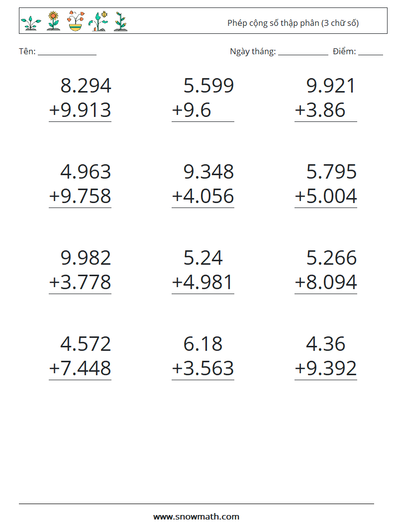 (12) Phép cộng số thập phân (3 chữ số)