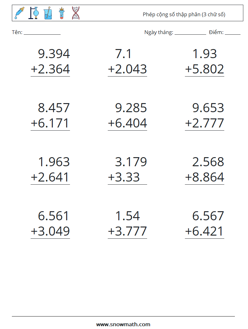 (12) Phép cộng số thập phân (3 chữ số) Bảng tính toán học 12