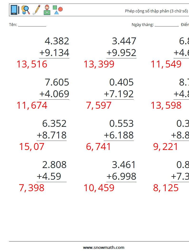(12) Phép cộng số thập phân (3 chữ số) Bảng tính toán học 13 Câu hỏi, câu trả lời
