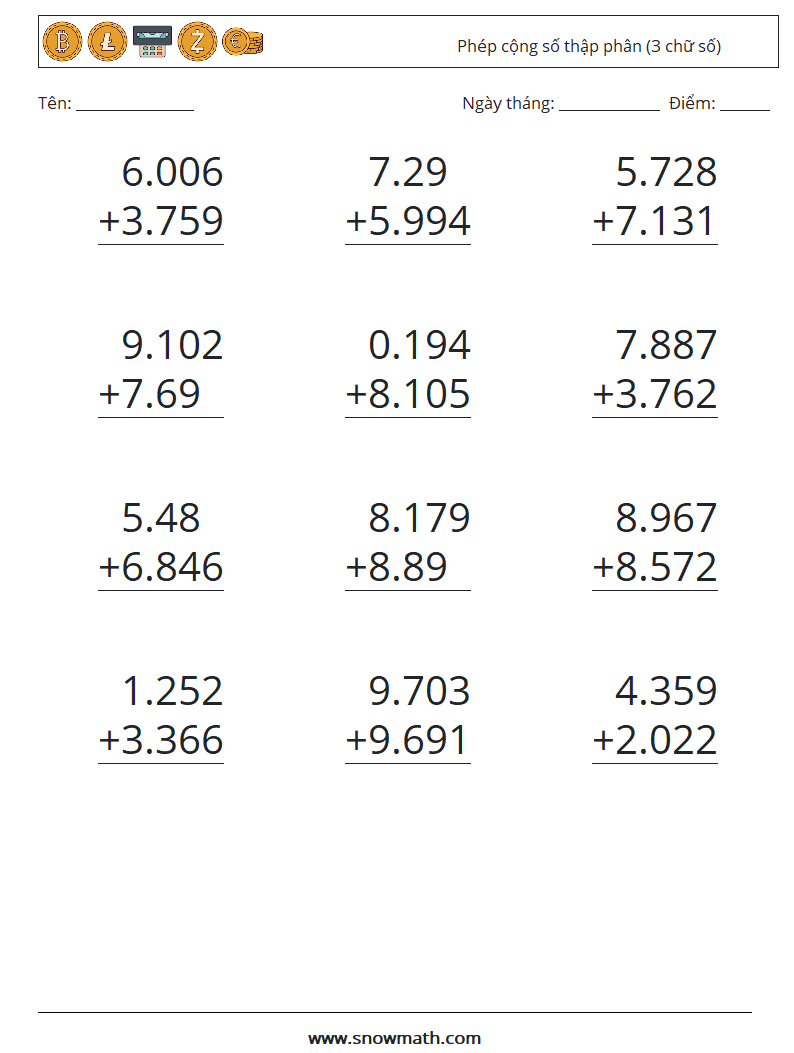 (12) Phép cộng số thập phân (3 chữ số) Bảng tính toán học 14